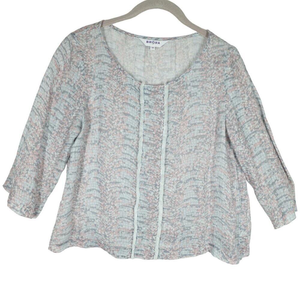 Brora Linen Blouse Women Sz 8 Marble Patterned Lagenlook Top